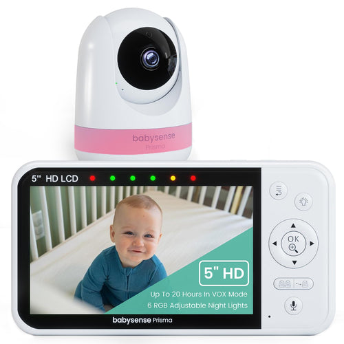 Babysense New Prisma Baby Monitor with Camera and Audio 5” HD Video Baby Monitor 6-Color Night Light Split Screen Baby Sound Machine with White Noise & Lullabies Secure No WiFi